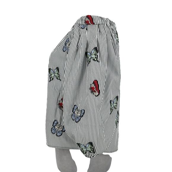Zara Top Womens XS White Gray Stripe Blouse Embroidered Butterflies Whimsy Boho - Picture 7 of 16